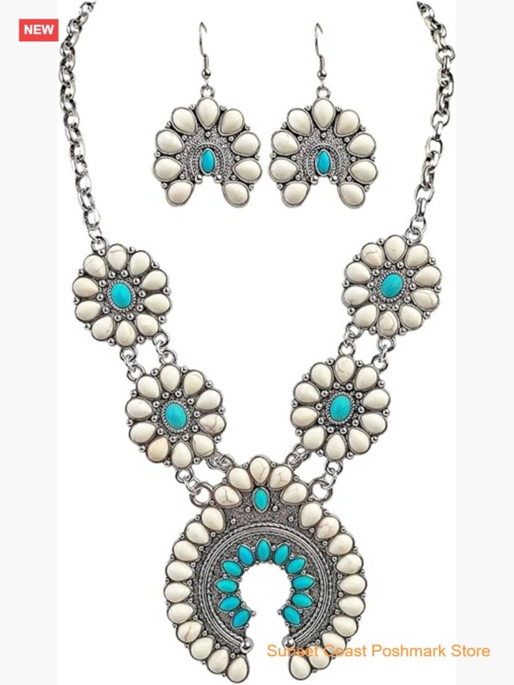 3 Pc Turquoise Western Boho Jewelry Set Necklace Earrings Ring Country Concert